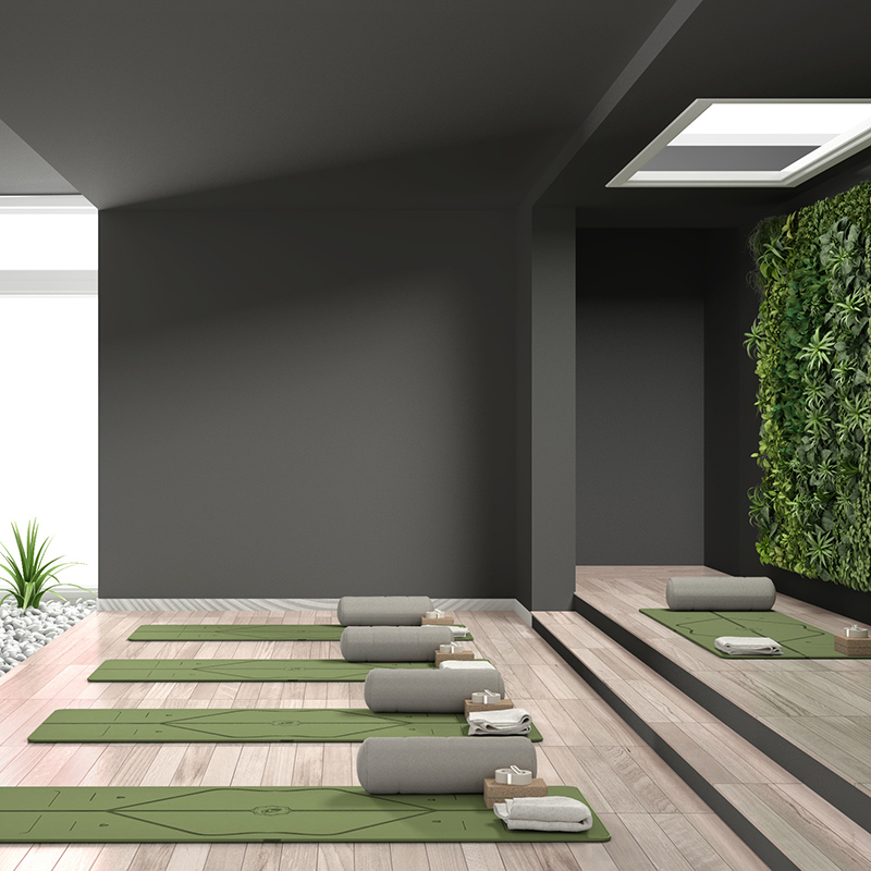 empty yoga studio interior design, open space with mats, pillows